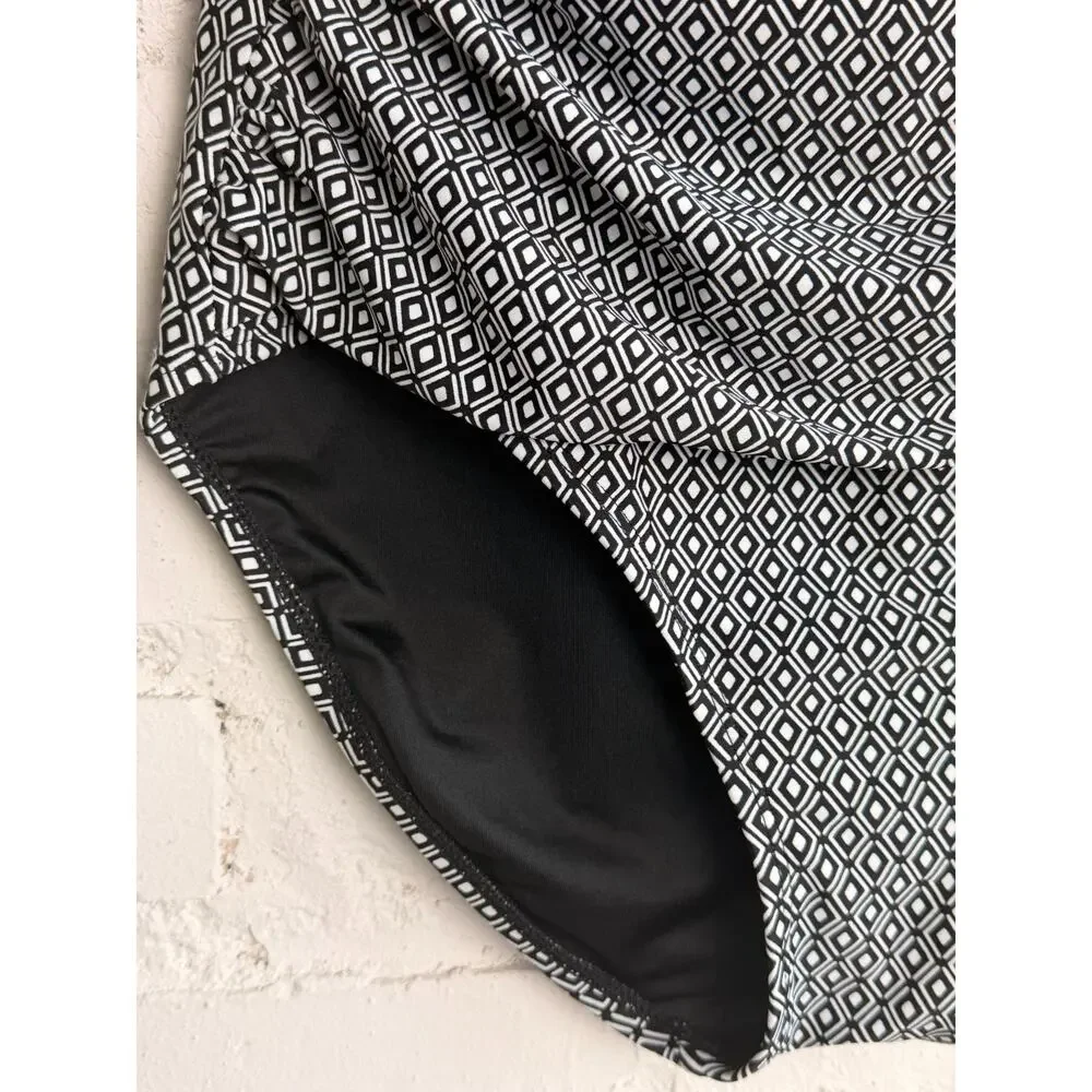 DKNY One Piece Swimsuit Strapless Tummy Control Black White Geometric L - Picture 5 of 8